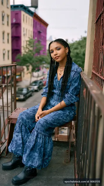 Young woman sitting on balcony in urban setting