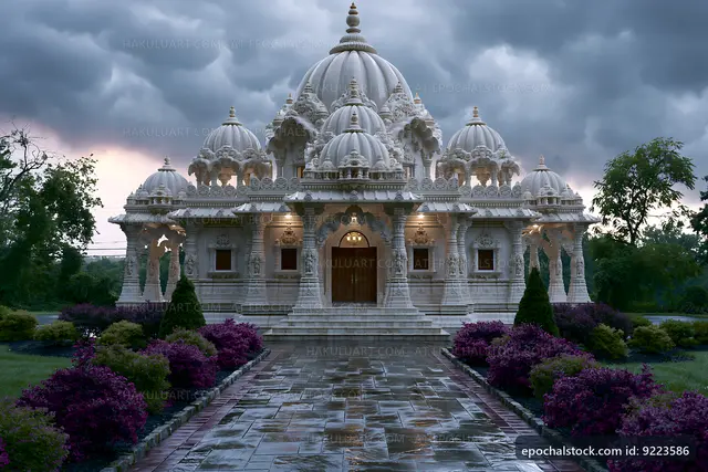 Beautiful temple with detailed architecture on a cloudy day