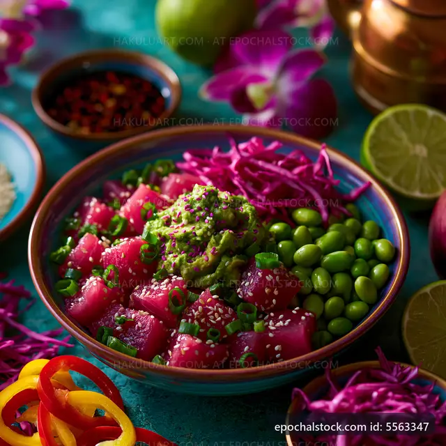 Bowl of fresh poke with tuna, edamame and avocado on a table