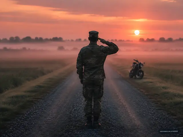 Soldier saluting at sunset near a motorcycle on a gravel road