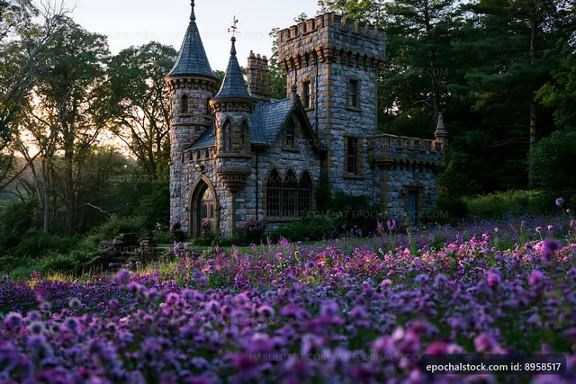 Flowers surround a stone castle in a garden at sunset