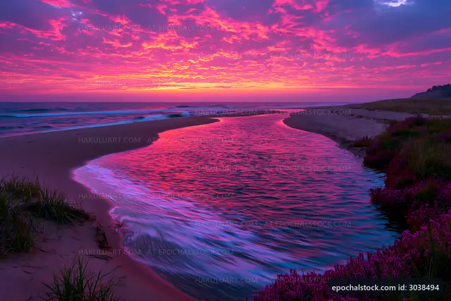 Sunset over the river at the beach with colorful sky
