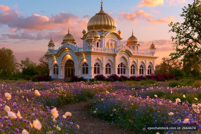 Flower field surrounds a golden temple at sunset