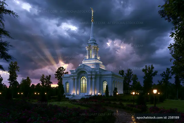 Beautiful temple under a cloudy sky at twilight