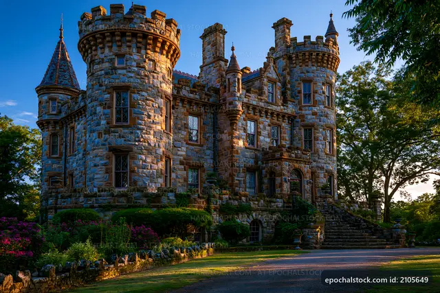 Historic castle with stone architecture in evening light