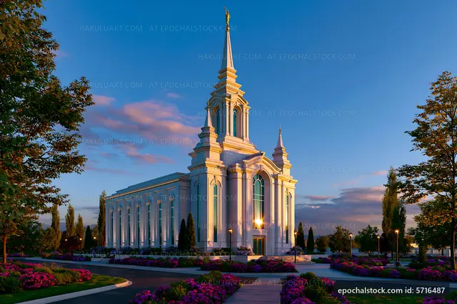 Sunset view of a church building with a tall spire and gardens