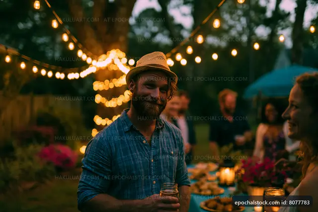 Gathering at a backyard party with string lights in the evening
