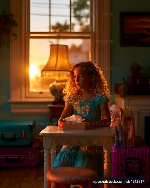 Child sitting at table with golden sunlight streaming through window