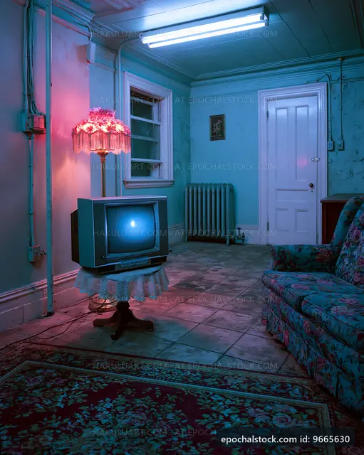 Old television in a vintage living room with blue lighting