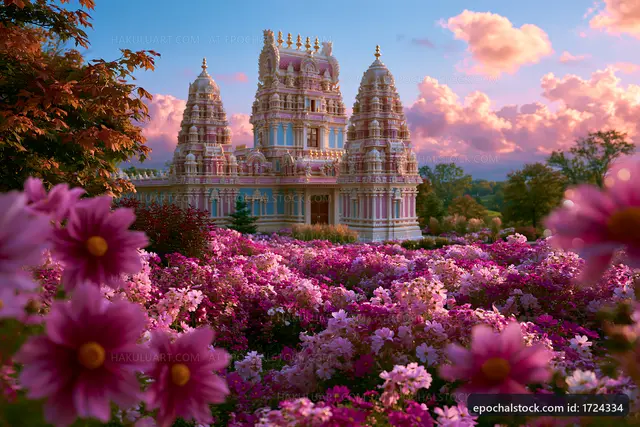 Flowers surround ornate temple buildings at sunset