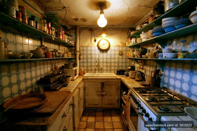 Old kitchen with shelves and appliances in need of renovation