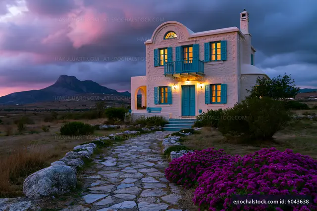 Charming house with blue shutters near mountain landscape
