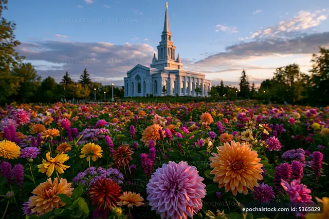 Flowers in front of a church during sunset