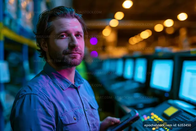 Man operates equipment in a dimly lit warehouse setting