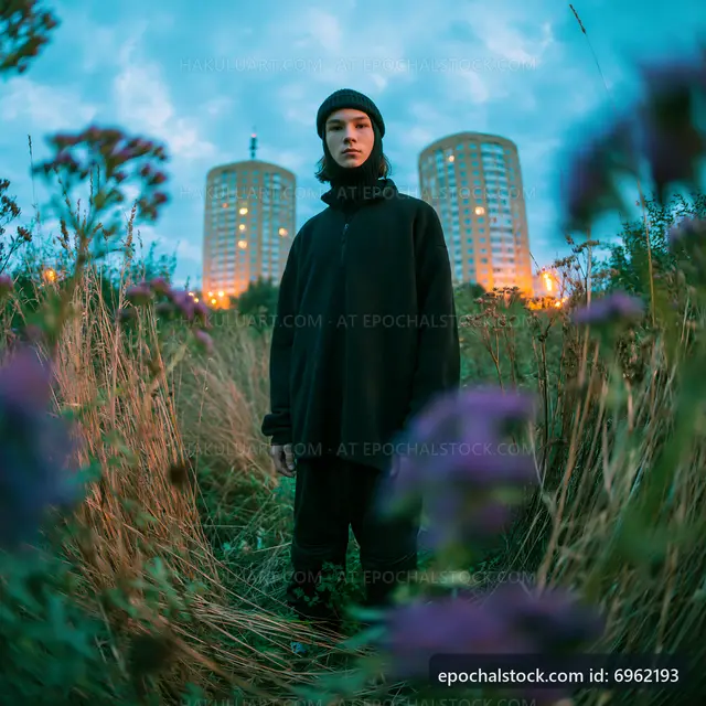 Person standing among tall grass with buildings in the background