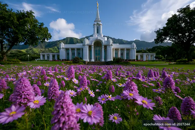 Colorful flowers in front of a church building with mountain backdrop