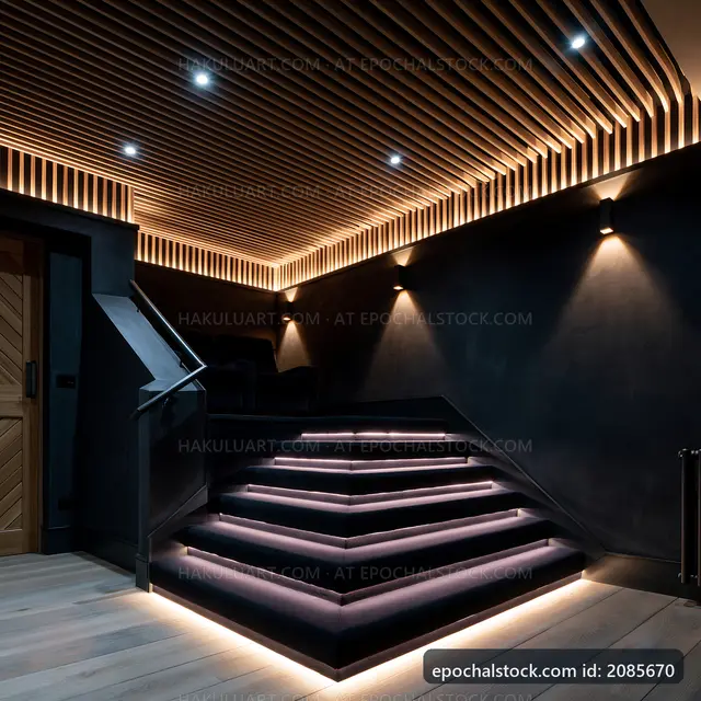 Staircase with modern lighting in a dark hallway