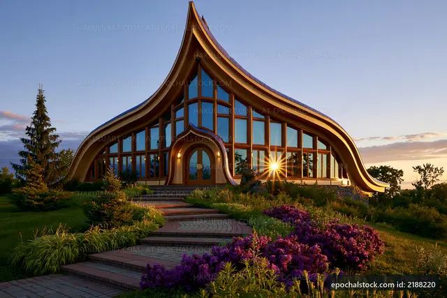 Unique modern building with large windows in a garden at sunset