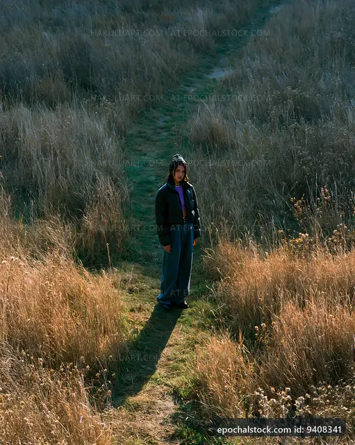 Person standing on a path in a field during daytime