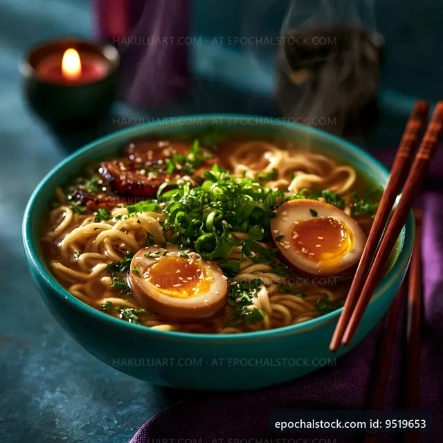 Bowl of ramen with eggs and green onions on a table