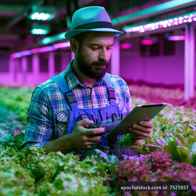 Man checking plants in indoor farm with colorful LED lights