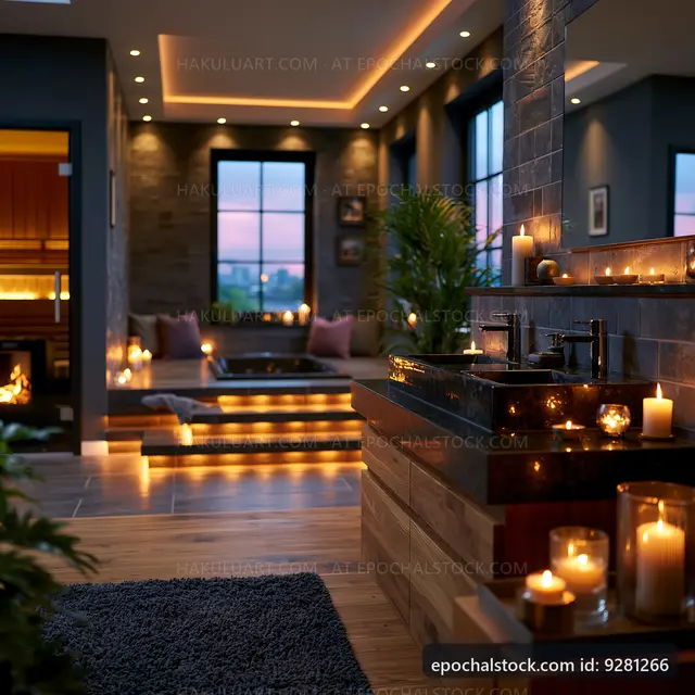 Spa room with candles and modern design at sunset