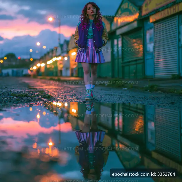 Girl standing in puddle on street during sunset