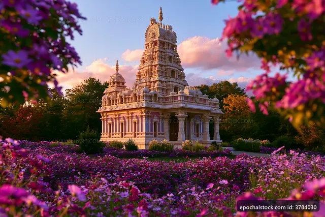 Temple surrounded by blooming flowers at sunset