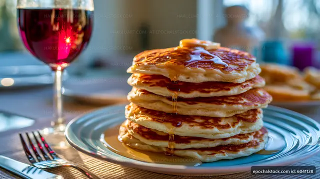 Stack of pancakes with syrup served at a dining table