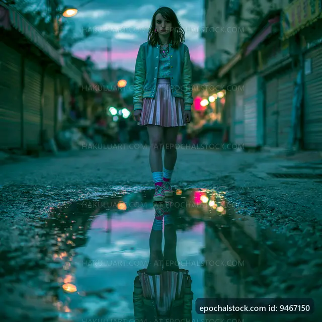 Child standing near puddle on street during twilight