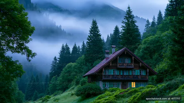 Quiet house in forest near mountains during dusk