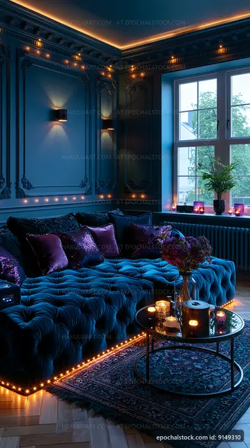 Cozy living room with blue decor and soft lighting