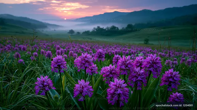 Purple flowers in a field at sunrise in the mountains