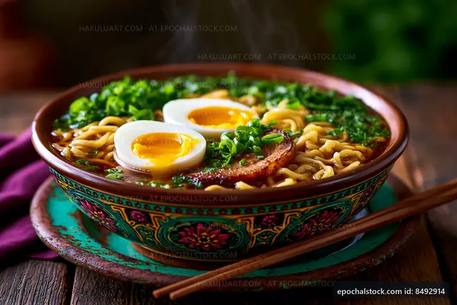 Warm bowl of noodles with eggs and herbs on wooden table
