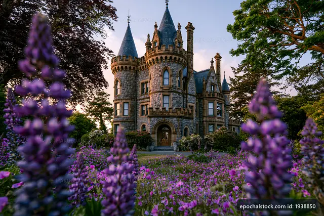 Historic castle surrounded by lavender flowers in evening light
