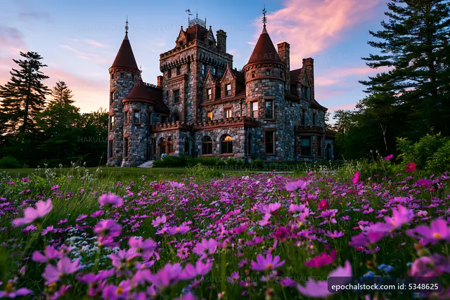 Historic castle surrounded by blooming flowers at sunset