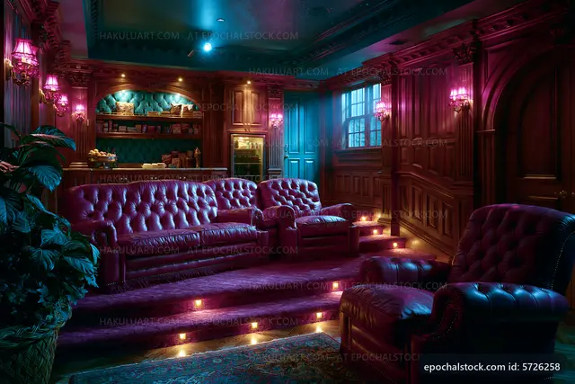 Cozy home theater with velvet seating and warm lighting