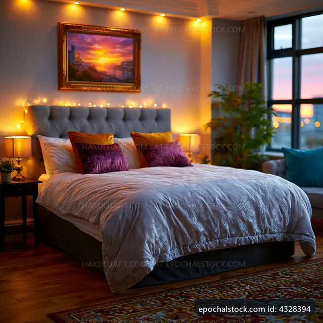 Cozy bedroom with soft lights and elegant decor