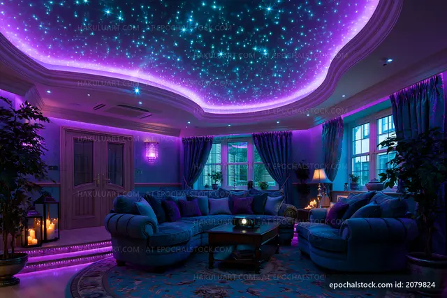 Modern living room with purple lighting and starry ceiling