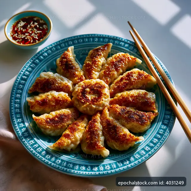 Dumplings arranged on a blue plate with dipping sauce