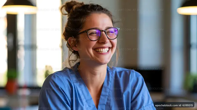 Young woman with glasses smiling in clinic setting