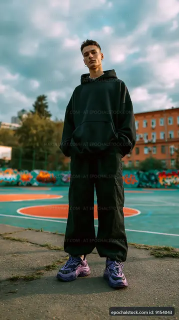 Young man wearing black outfit standing on basketball court