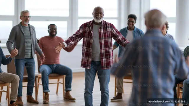 Group of men participating in a community activity indoors