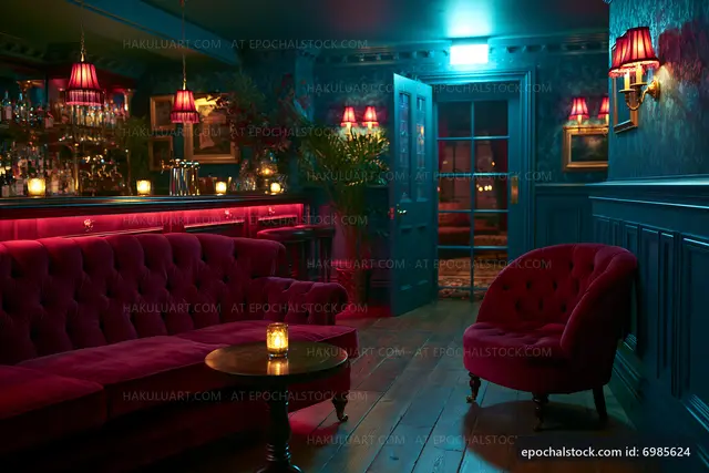 Cozy interior of a dimly lit lounge with vintage seating
