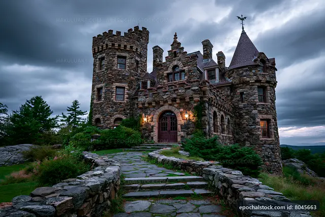 Historic stone castle under cloudy sky during twilight