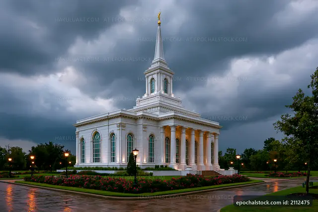 Building with tall spire under cloudy sky at twilight