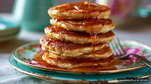Stack of pancakes with syrup on a colorful plate