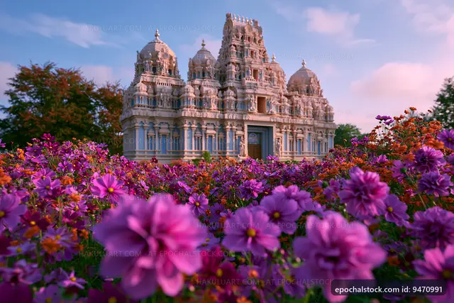 Temple surrounded by colorful flowers in garden setting