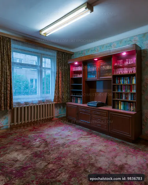 Living room with bookshelf and window in a dimly lit space
