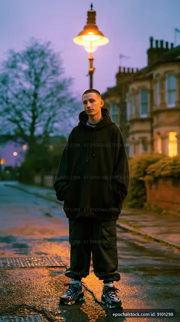 Man standing on wet street near lamp at dusk
